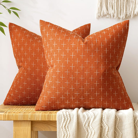 Fall Pack of 2 Decorative Burlap Linen Throw Pillow Covers Modern Farmhouse Pillowcase Rustic Woven Textured Cushion Cover for Sofa Couch Bed 18X18 Inch Burnt Orange