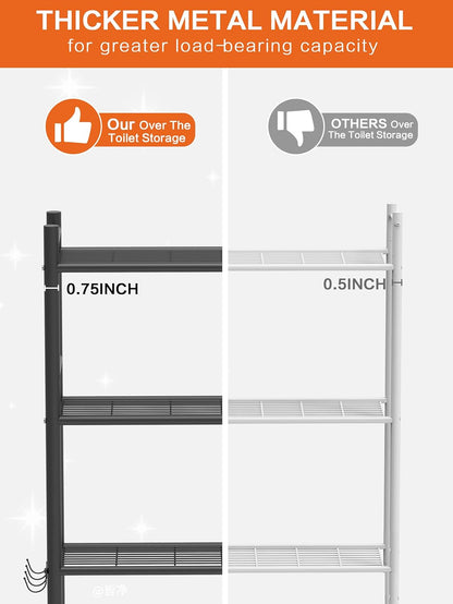 3-Tier Over-the-Toilet Storage Shelves, Freestanding Metal Bathroom Organizer with 4 Hooks, Black