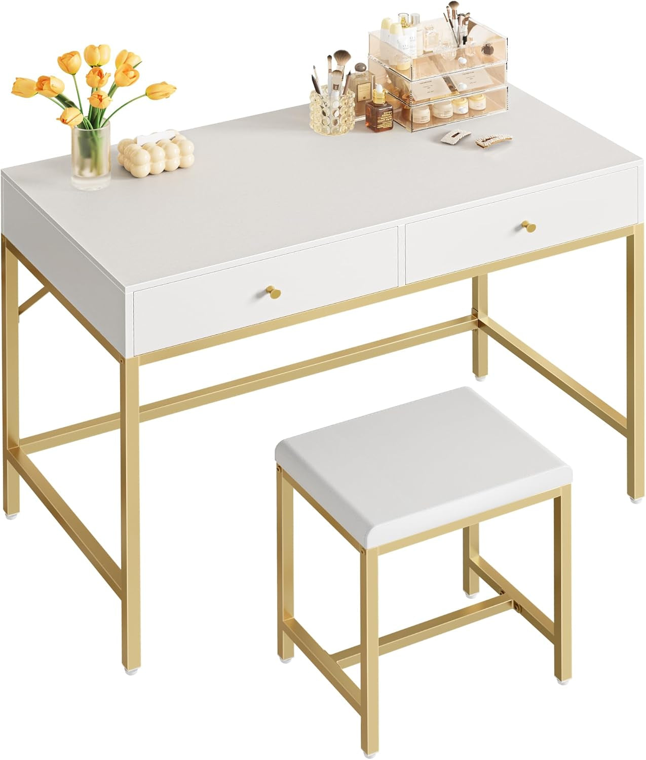 35.4" White and Gold Modern Desk with Two Drawers, Makeup Vanity Set with Padded Stool, Compact Home Office Writing Desk for Study and Bedroom