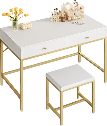 35.4" White and Gold Modern Desk with Two Drawers, Makeup Vanity Set with Padded Stool, Compact Home Office Writing Desk for Study and Bedroom