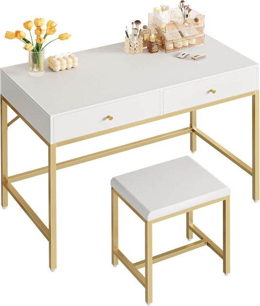 35.4" White and Gold Modern Desk with Two Drawers, Makeup Vanity Set with Padded Stool, Compact Home Office Writing Desk for Study and Bedroom