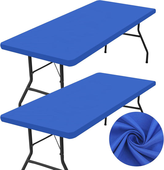 2 Pack Rectangle Table Cloth, Elastic Fitted Fabric Tablecloth Fits for 5 Foot Folding Tables, Washable Table Cover for Picnic, Camping, Indoor & Outdoor (Blue, 30" X 60")