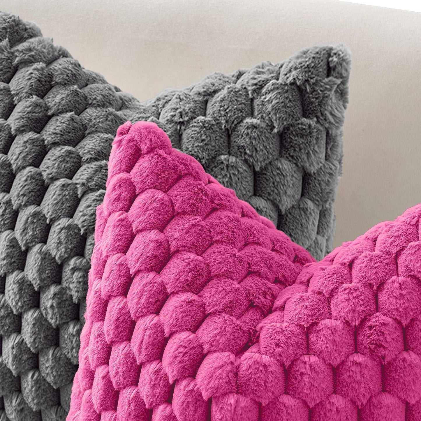 Hot Pink Faux Fur Decorative Throw Pillow Covers 18X18 Inch Set of 2 Super Soft Cozy Plush Cushion Cases Luxury Fluffy Pillowcases for Sofa Couch Bed Living Room