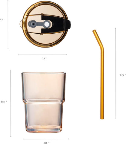 13 Oz Tumbler Water Glass, Water Bottle with Straw and Dustproof Lid, Coffee Ice Cup Double Wall Insulated Glass Cup (Amber-2Pack)