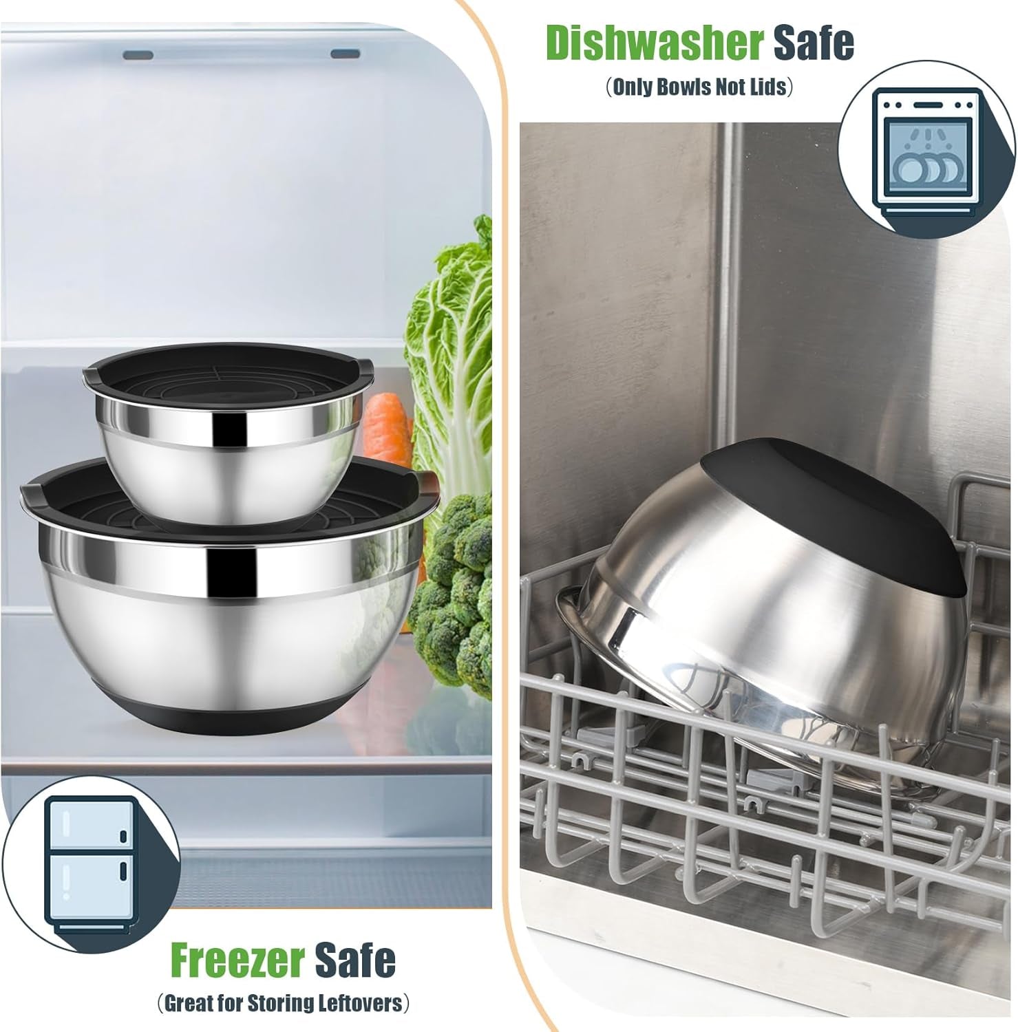 Mixing Bowl with Lid Set, 5 Piece Stainless Steel Mixing Nesting Bowls for Salad Storage, 3 Grater Attachments & Non-Slip Bottoms, Size 1/1.5/2 / 2.6/4.6 QT, Black