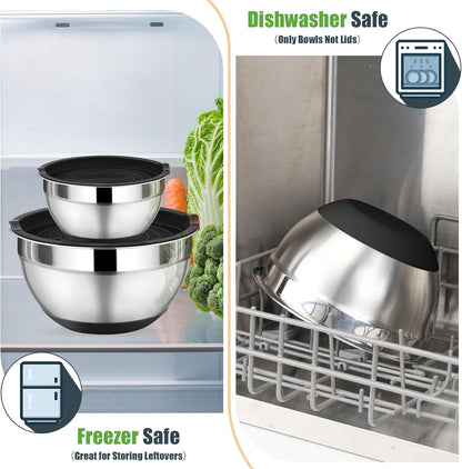 Mixing Bowl with Lid Set, 5 Piece Stainless Steel Mixing Nesting Bowls for Salad Storage, 3 Grater Attachments & Non-Slip Bottoms, Size 1/1.5/2 / 2.6/4.6 QT, Black