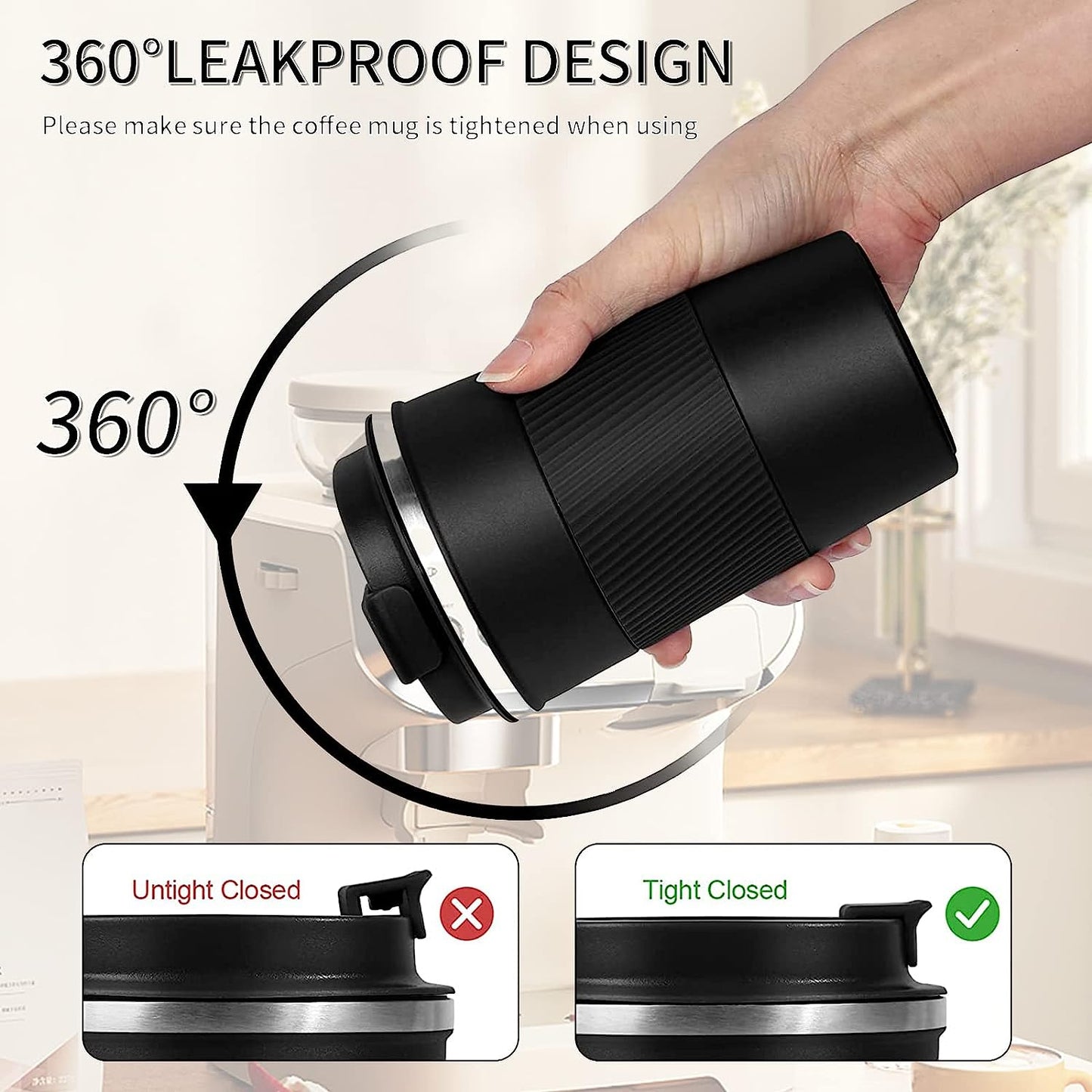 Insulated Travel Coffee Mug, Spill & Leak Proof, Portable to Go Camping Stainless Steel Coffee Tumbler, Reusable Thermal Coffee Cup with Lid for Hot & Cold Drinks (Black, 12 OZ)