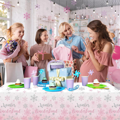 3 Pack Winter Onederland 1St Birthday Tablecloth, Disposable Pink and Silver Winter Snowflake Plastic Table Cover for Winter Onederland Girl Boy 1St Birthday Party Supplies Decorations, 54X108 Inch