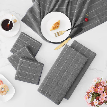 Microfiber Kitchen Towels and Dishcloths Set, 12 Pack Soft and Absorbent Dish Hand Towels Bulk, 28 X 16 Inch & 12 X 12 Inch Quick Drying Rags for Washing Dishes, Grey
