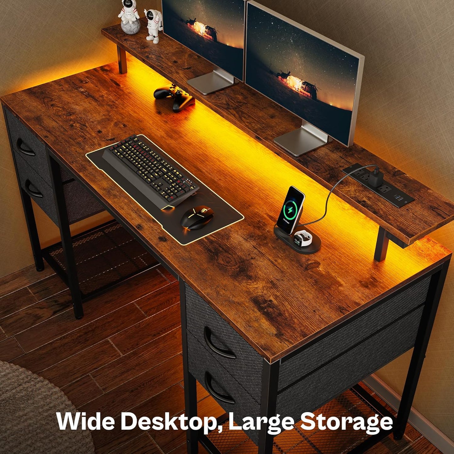 55-Inch Computer Desk with 4 Drawers, LED Lighting, and Power Outlets - Spacious Home Office and Gaming Desk in Rustic Brown Finish
