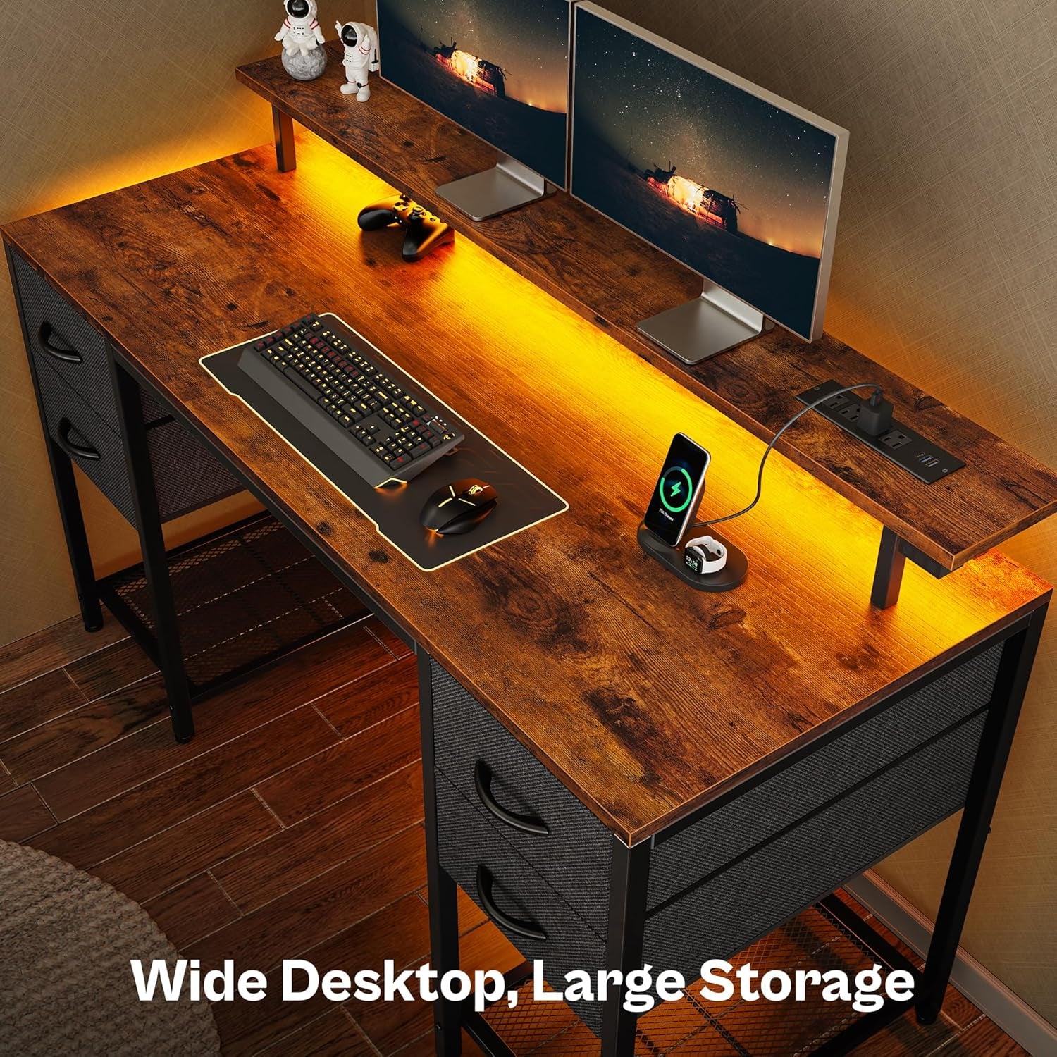 55-Inch Computer Desk with 4 Drawers, LED Lighting, and Power Outlets - Spacious Home Office and Gaming Desk in Rustic Brown Finish