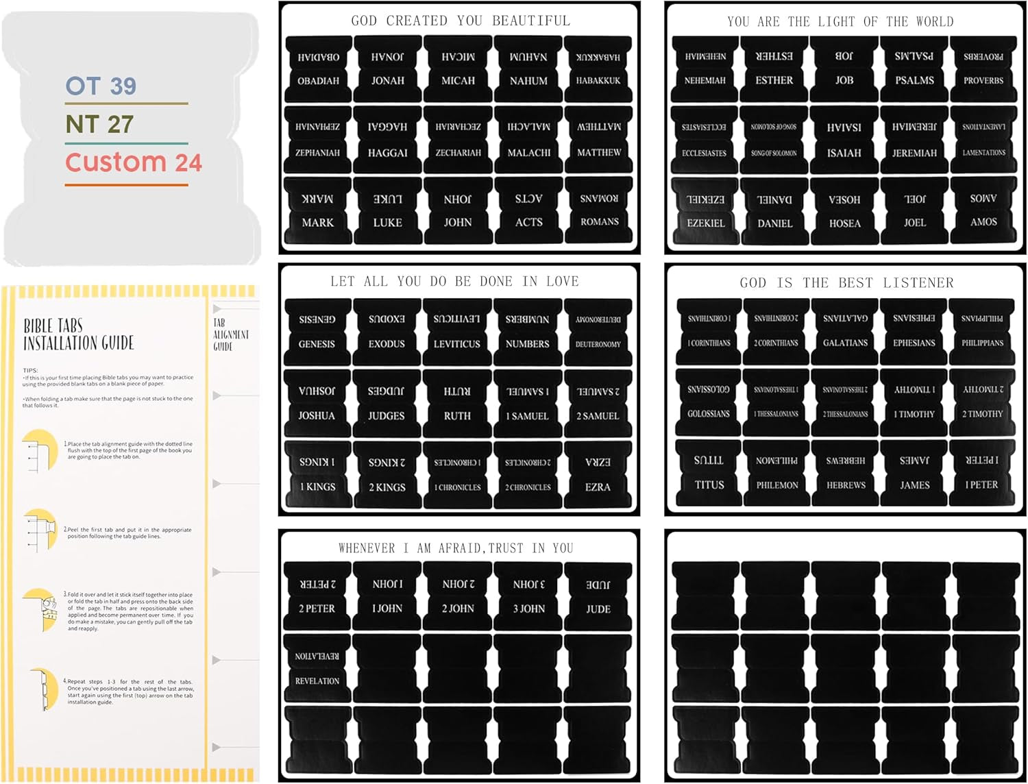 Black Bible Tabs for Men - Paper Index Tabs for Scripture Study & Chapter Markers, 66 Bible Tabs Old and New Testament and 24 Blank Custom Tabs