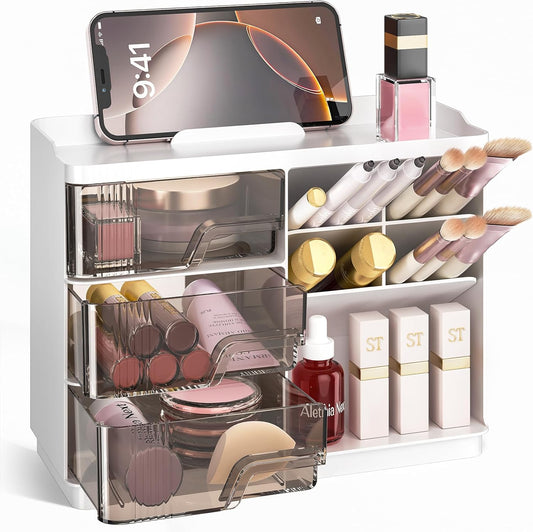 Makeup Organizer with Drawers, Multi-Function Vanity Organizer Countertop, Stackable Desk Organizer for Makeup Brush Lipstick Skincare Bathroom Vanity Organization and Storage, White