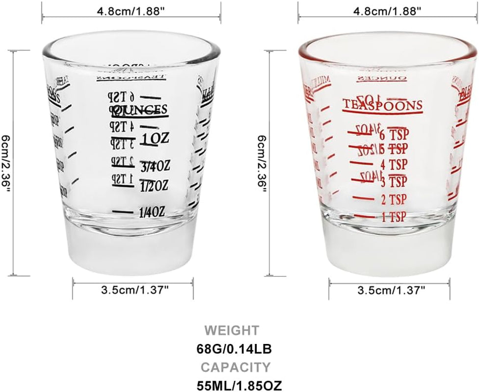 Set of 2 Shot Glasses - Heavy Glass, Perfect for Measuring Espresso, Wine, and More 26-Incremental Measurement 1Oz, 6 Tsp, 2 Tbs, 30Ml (2, Red+Black)