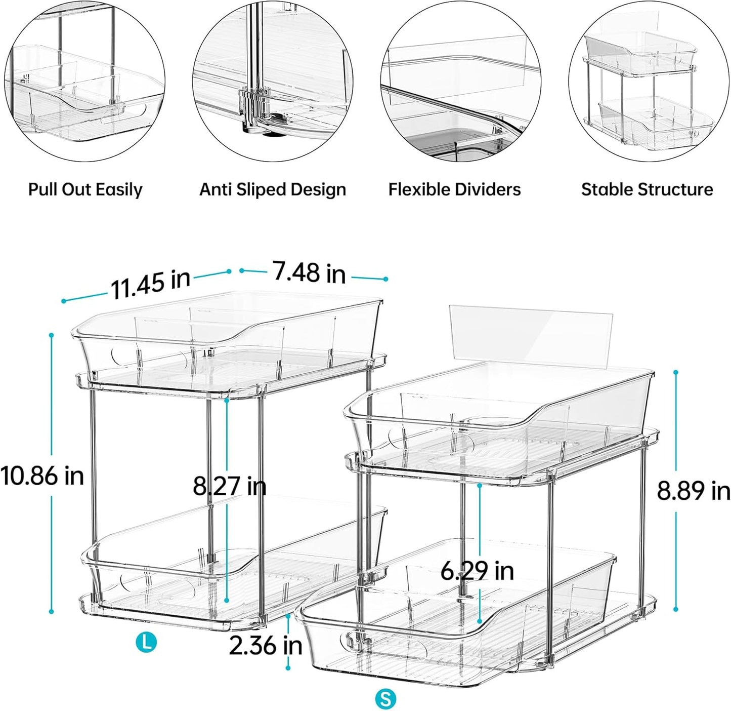 2 Sets of 2-Tier Clear under Sink Organizers and Storage, Multi-Purpose Stackable Bathroom Cabinet Organizers, Pull Out Kitchen Pantry Organization and Storage with Dividers