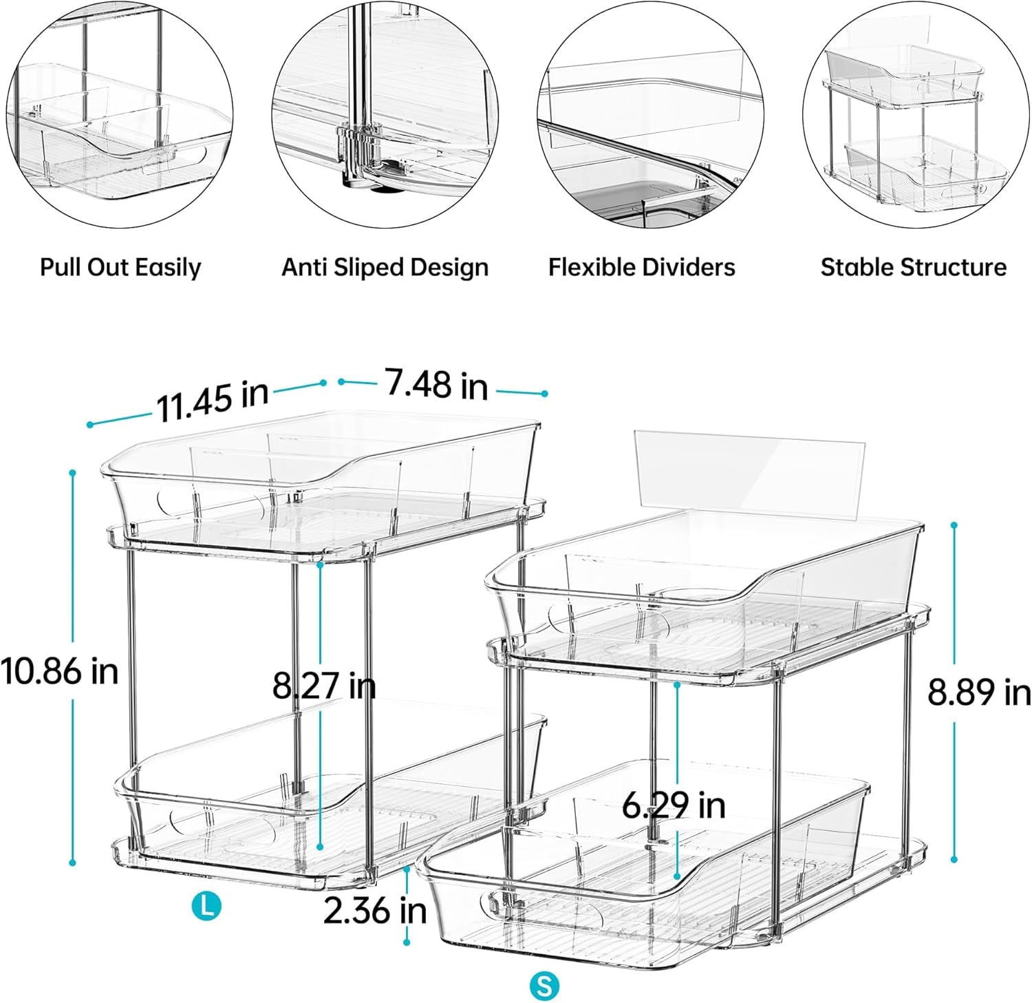 2 Sets of 2-Tier Clear under Sink Organizers and Storage, Multi-Purpose Stackable Bathroom Cabinet Organizers, Pull Out Kitchen Pantry Organization and Storage with Dividers