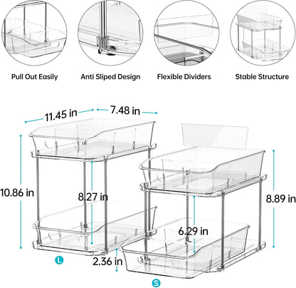 2 Sets of 2-Tier Clear under Sink Organizers and Storage, Multi-Purpose Stackable Bathroom Cabinet Organizers, Pull Out Kitchen Pantry Organization and Storage with Dividers