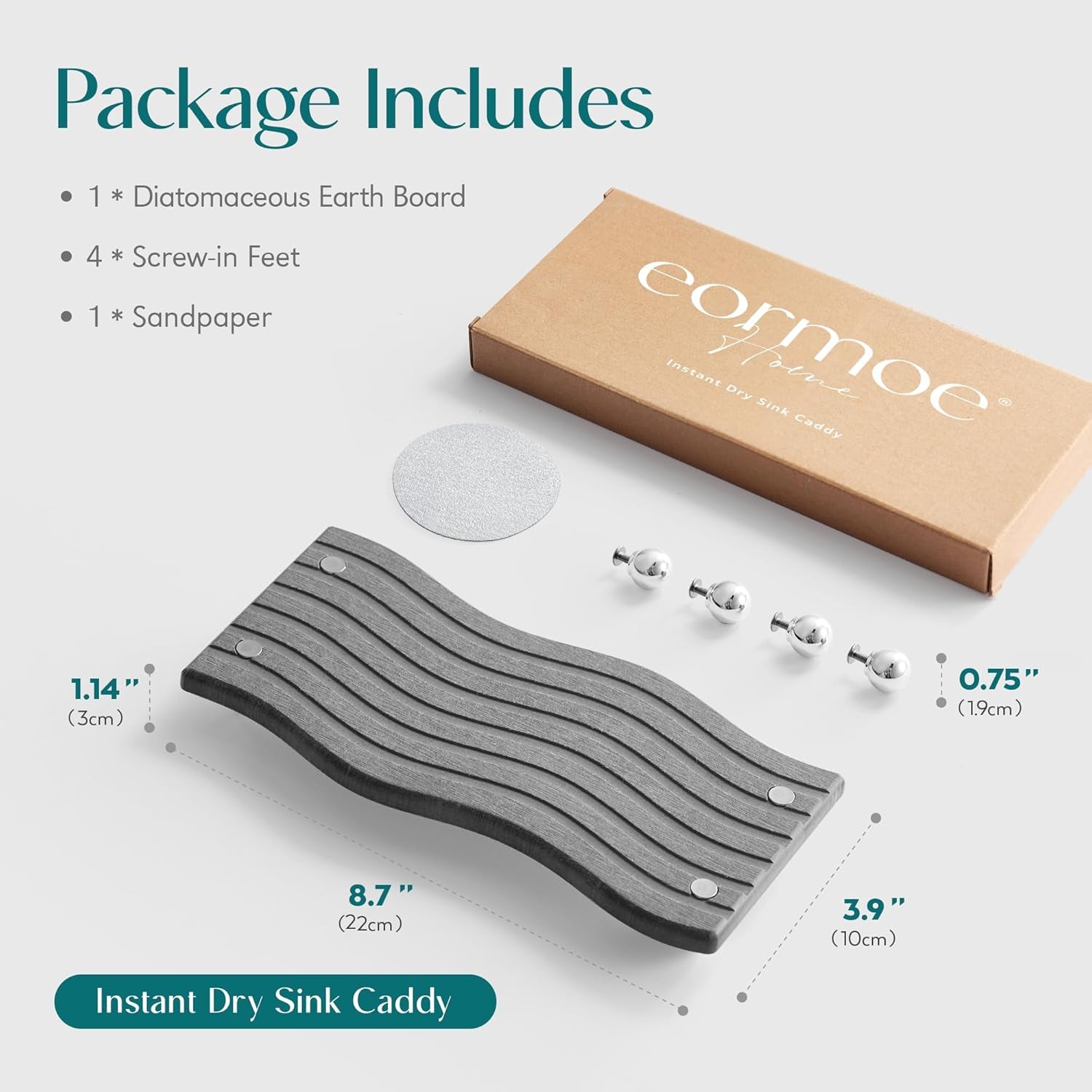 Water Absorbing Stone Tray for Sink, Diatomite Drying Stone for Kitchen Bathroom Counter, Decorative Raised-Feet Vanity Tray, Sink Caddy Organizer for Dish Soap & Sponge Holder [Dark Grey, 9'' X 4'']