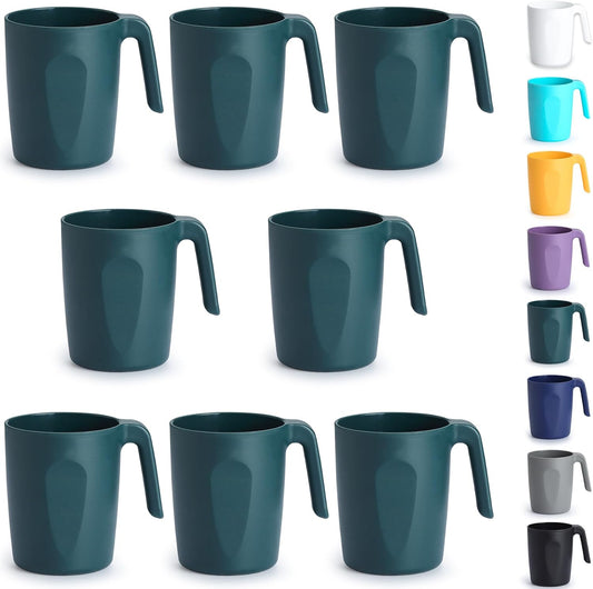Set of 8 Green Plastic Coffee Mugs with Handles, 15oz Reusable Cups for Home, Garden, Picnic, Camping, and Outdoor Use