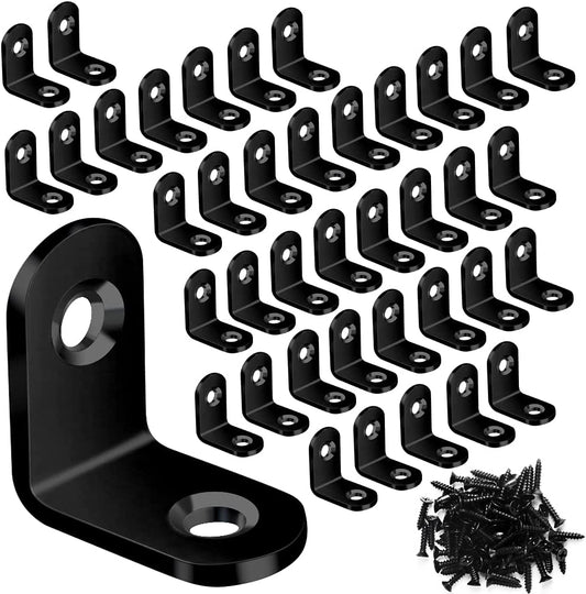 40PCS L Bracket Corner Brace Sets, Stainless Steel Corner Brackets, 90 Degree Right Angle Bracket, Metal L Brackets for Shelves Wood Furniture Cabinet Chair Drawer with 80PCS Screws, Black (20Mmx20Mm)