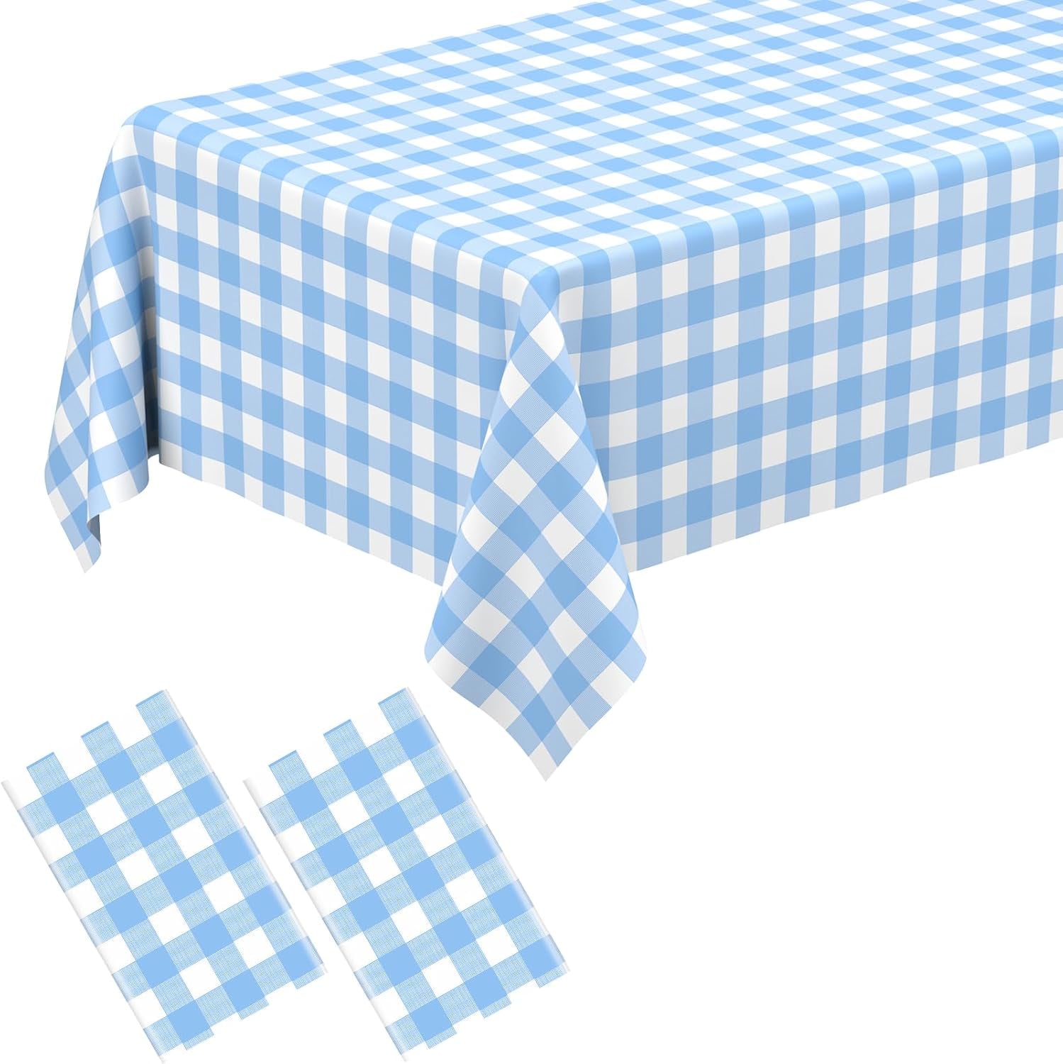 2 Pack Light Blue Gingham Rectangular Plastic Tablecloths, Blue and White Checkered Disposable Table Covers 54" X 108" for Birthday, Wedding, Bridal Shower, Outdoor Picnic Camping Parties