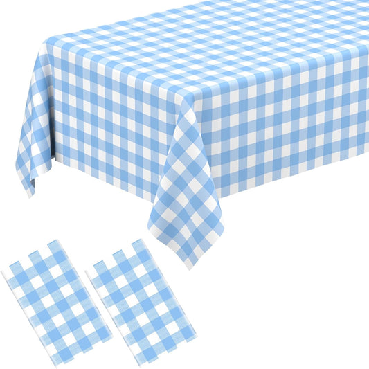 2 Pack Light Blue Gingham Rectangular Plastic Tablecloths, Blue and White Checkered Disposable Table Covers 54" X 108" for Birthday, Wedding, Bridal Shower, Outdoor Picnic Camping Parties