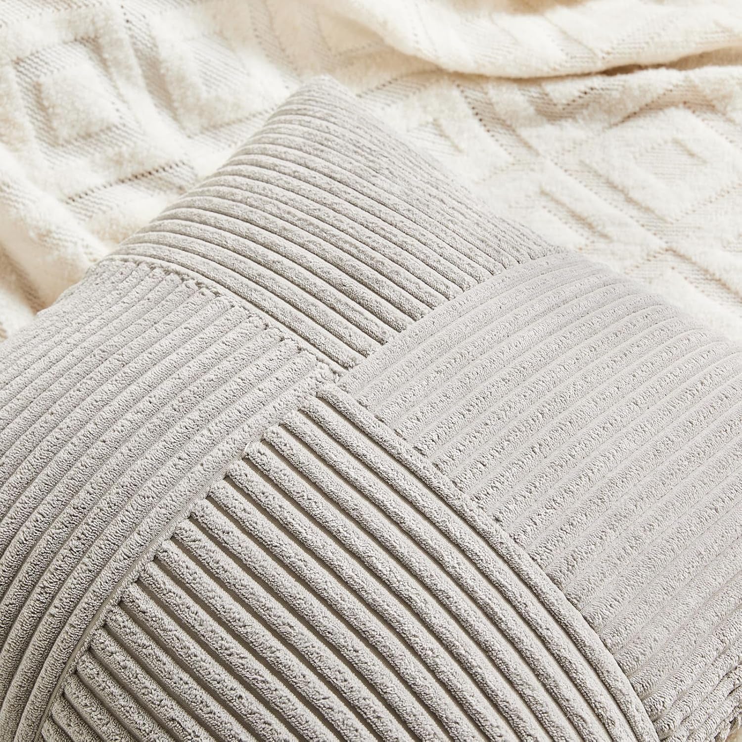 2 Packs Neutral Grey Decorative Throw Pillow Covers 18X18 Inch for Living Room Couch Sofa, Rustic Farmhouse Boho Home Decor, Soft Corss Corduroy Patchwork Textured Square Cushion Case 45Cm