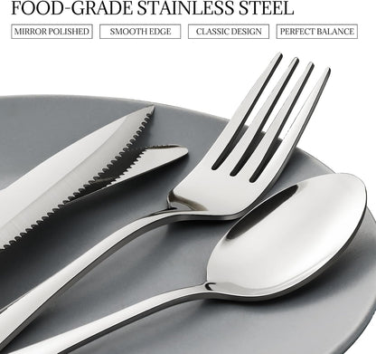 30-Pack Silverware Set with Steak Knives, Food-Grade Dishwasher Safe, Stainless Steel Utensils Set Includes Spoons Forks Knives for Home Restaurant Hotel