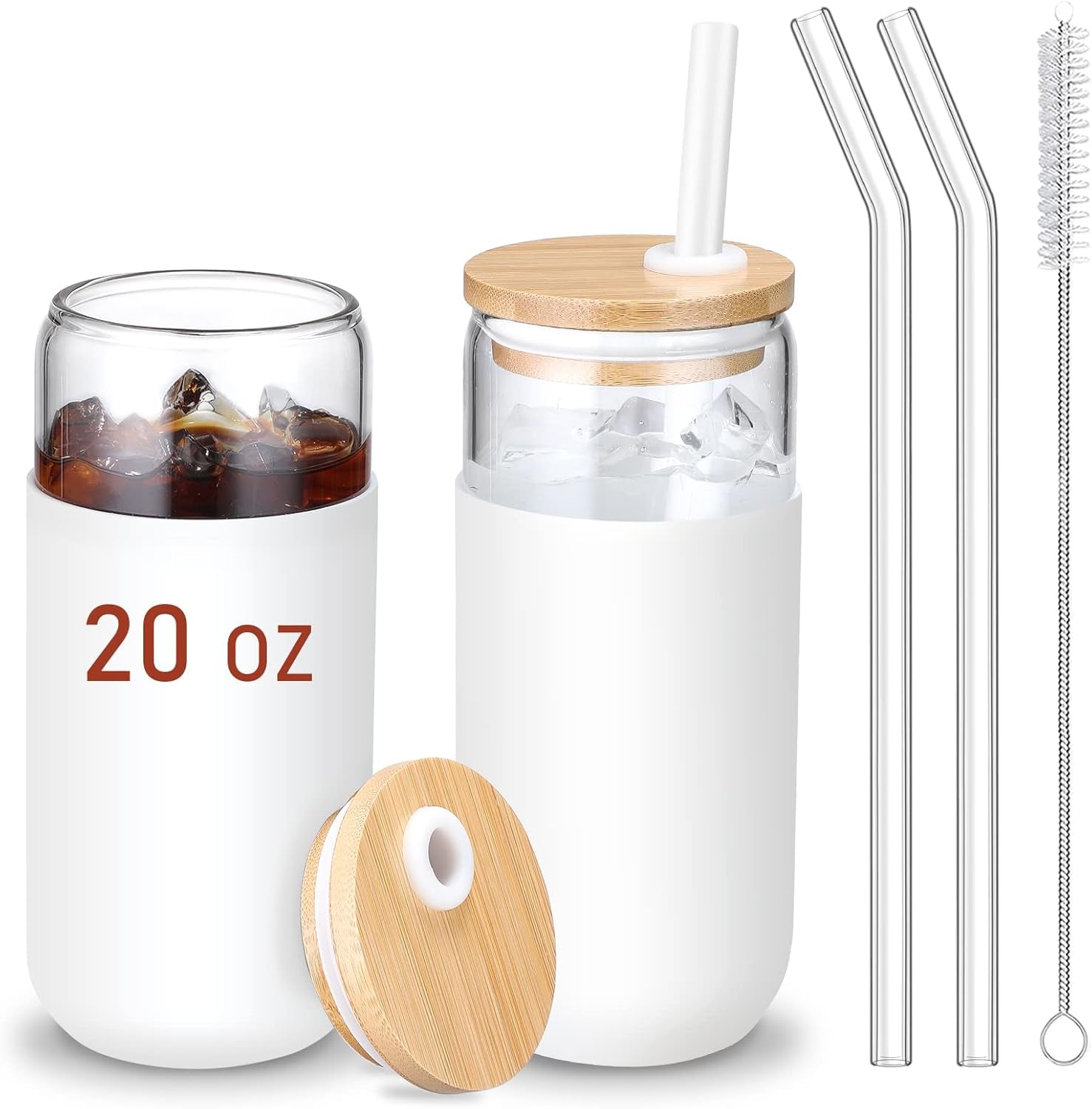 20 OZ Glass Cups with Bamboo Lids and Straws - Drinking Glasses with Silicone Protective Sleeve Set, Iced Coffee Glasses, Cute Tumbler Cup for Water, Smoothie, Boba Tea, Gift - 2 Pack