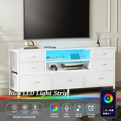 Elegant Bedroom Dresser with Power Outlets and LED Lighting, 7-Drawer TV Stand for Up to 55-Inch TVs, 47-Inch Console with Open Shelf, Wide White PU Leather Finish