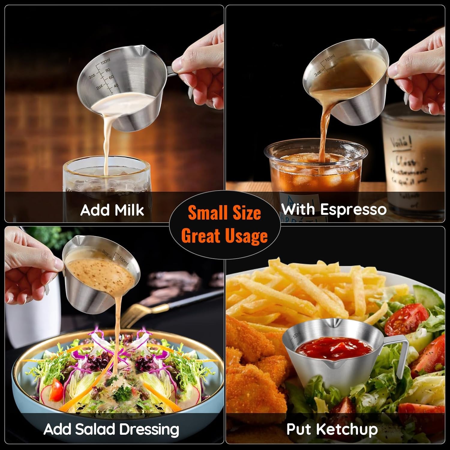 Espresso Cup with Handle, Stainless Steel Espresso Accessories, Double Spout Metal Measuring Cup with Dual Scale, Espresso Shot Pitcher with V-Shaped Mouth, 3.4OZ/100ML