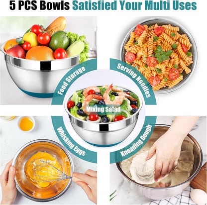 Mixing Bowl with Lid Set, 5 Piece Stainless Steel Mixing Nesting Bowls for Salad Storage, 3 Grater Attachments & Non-Slip Bottoms, Size 1/1.5/2 / 2.6/4.6 QT, Blue
