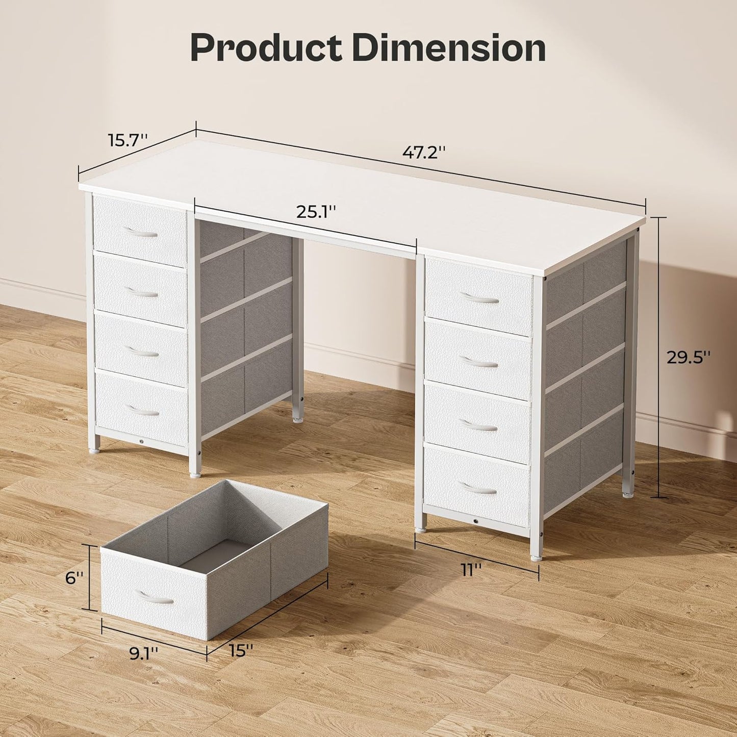 47-Inch White Vanity Desk with 8 Fabric Drawers - Spacious Computer Desk for Home Office and Bedroom Storage