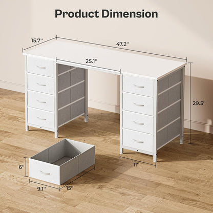 47-Inch White Vanity Desk with 8 Fabric Drawers - Spacious Computer Desk for Home Office and Bedroom Storage