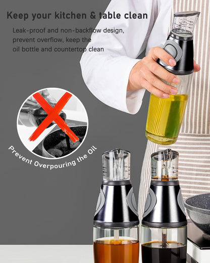 Oil Dispenser Bottle, 17Oz Olive Oil Dispenser Oil Sprayer, Clear Glass Refillable Oil and Vinegar Dispenser Bottle with Measuring Scale Pump for Kitchen, Cooking, Salads, Baking Frying