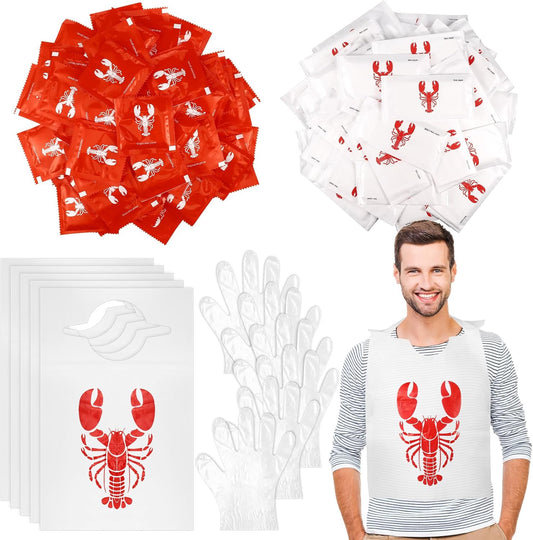200-Count Disposable Crawfish Bibs and Party Supplies Set: Includes 50 Lobster Bibs, 50 Moist Towelettes, and 100 Pairs of Plastic Gloves for Seafood Festivities