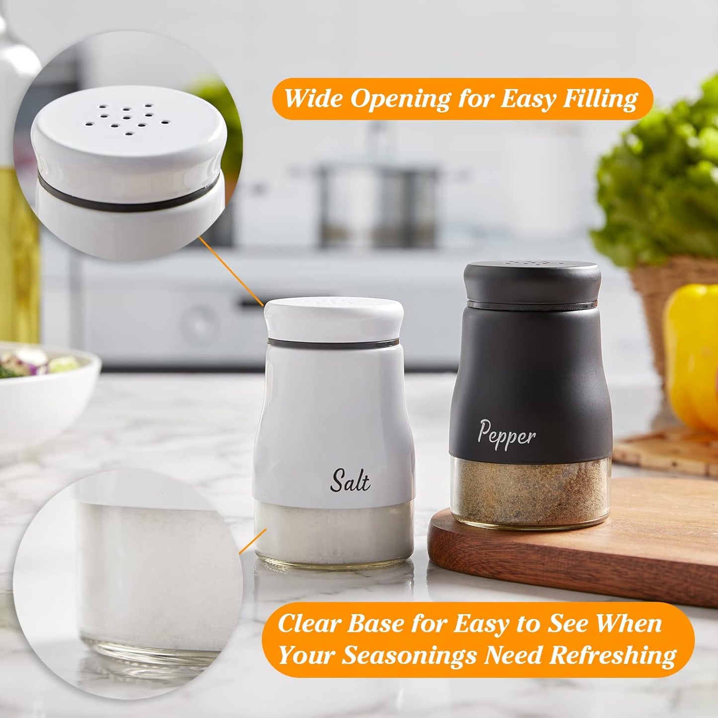 Salt and Pepper Shakers Set,  5 Ounce Salt and Pepper Dispenser with Glass Bottom, Cute Salt and Pepper Shakers for Modern Home Kitchen Decor, Easy Filling