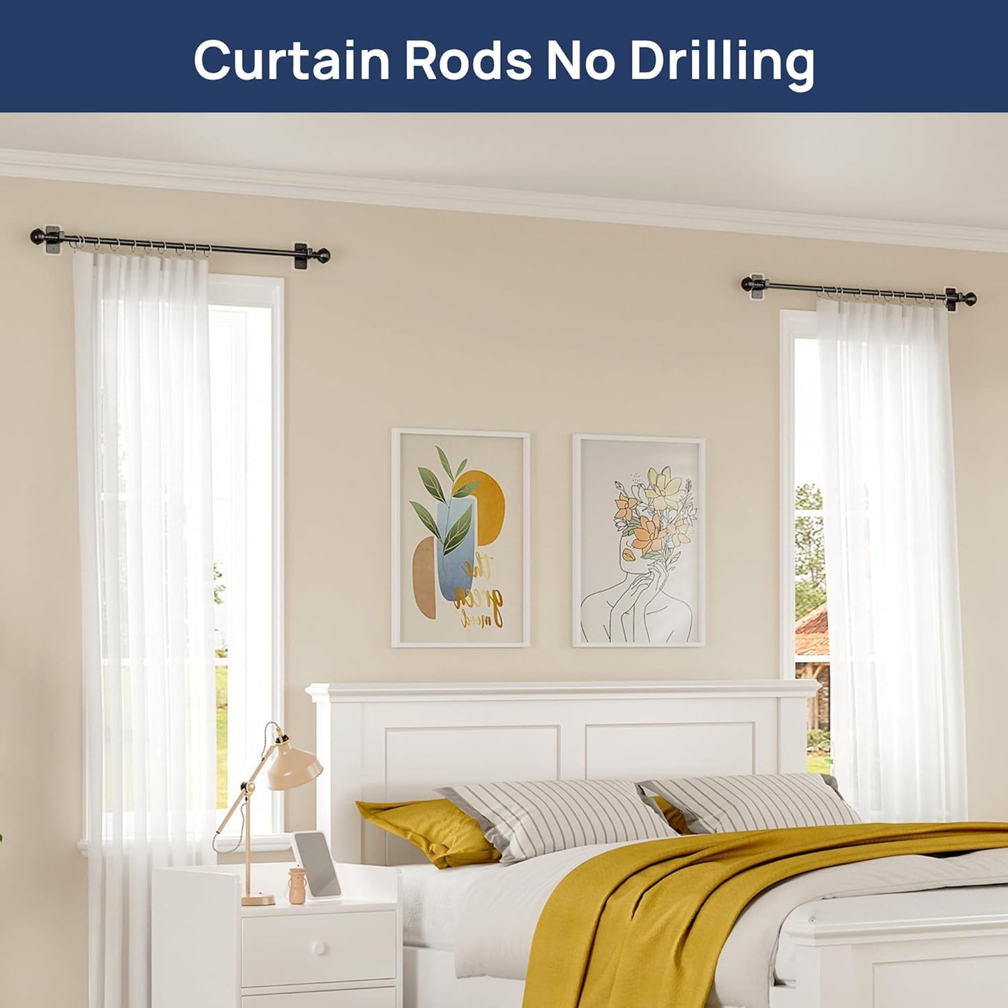 2 Pack No Drill Curtain Rods for Window 28 to 48 Inches, 5/8 Inch Diameter Renter Friendly Drapery Rod with Adhesive Brackets without Drilling, Adjustable from 27 to 52 Inches, Black