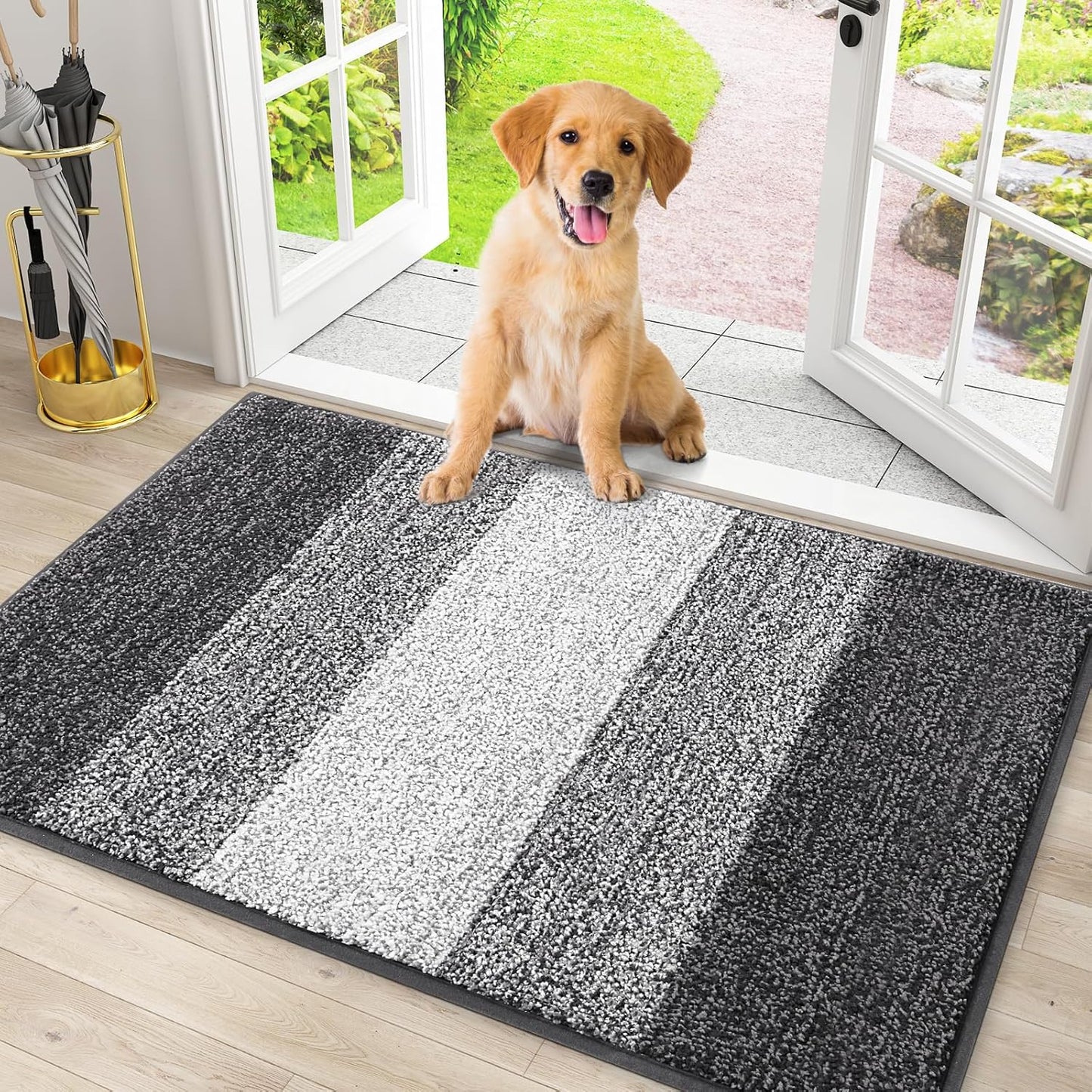 Dog Door Mat for Muddy Paws 2 Piece Set, Chenille (Grey 30X20) and Striped Design (Grey 30X20) Doormat for Front Indoor Entrance