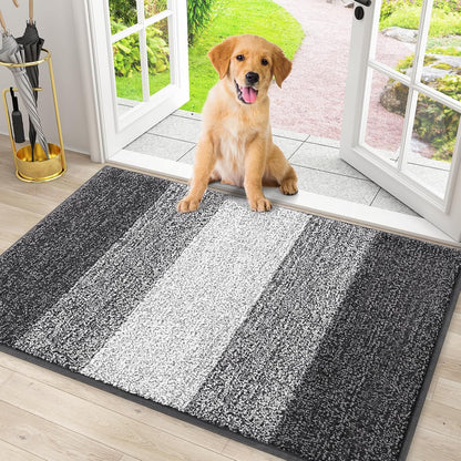 Dog Door Mat for Muddy Paws 2 Piece Set, Chenille (Grey 30X20) and Striped Design (Grey 30X20) Doormat for Front Indoor Entrance