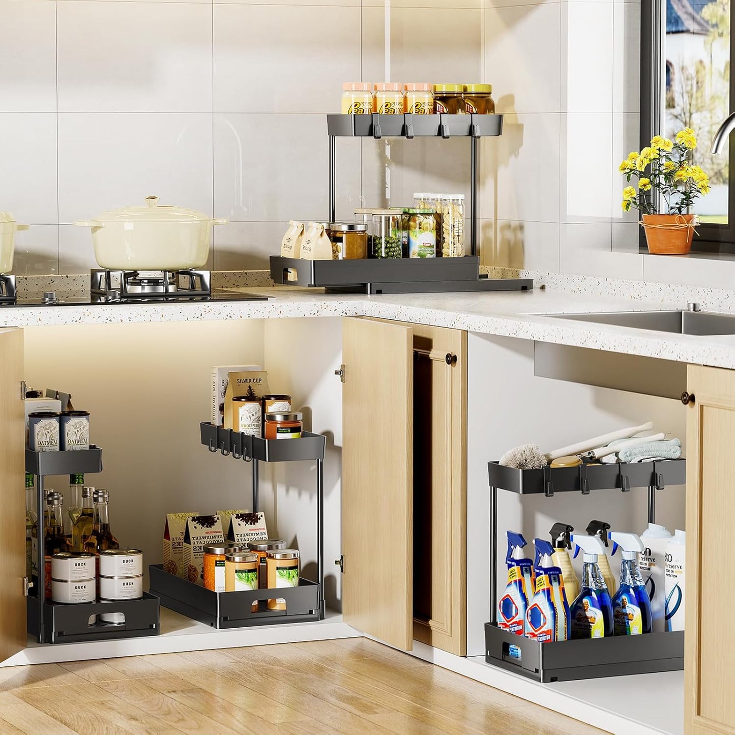 2 Pack under Sink Organizers and Storage, 2 Tier Pull Out Bathroom Cabinet Organizer, L-Shape Black under Bathroom Kitchen Sink Organizer with Drawer for under Sink Storage Organizer