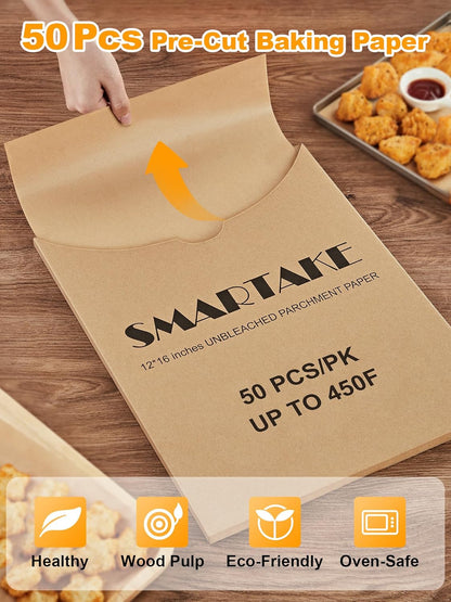 50 Pcs Parchment Paper Baking Sheets, 12X16 Inches Non-Stick Precut Baking Parchment, for Baking Grilling Air Fryer Steaming Bread Cup Cake Cookie and More (Unbleached)