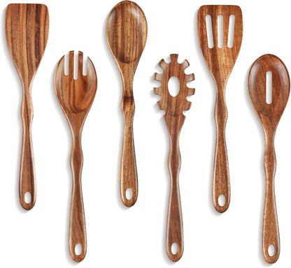 Acacia Wooden Spoons for Cooking – 6-Piece Wooden Kitchen Utensil Set with Spatula, Slotted Spoon & Pasta Fork