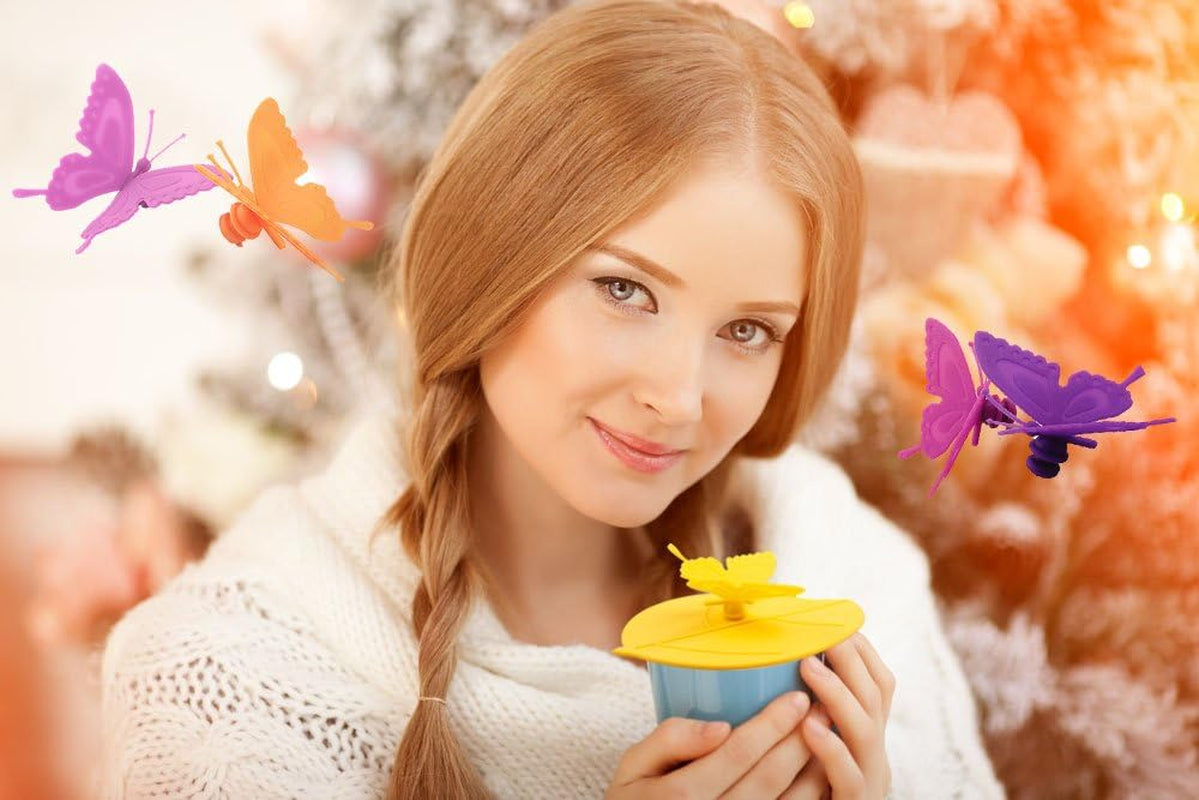 Silicone Cup Lids - Creative Butterfly Mug Cover - Anti-Dust Airtight Seal Hot Cup Lids 6 Set in Bright Colors