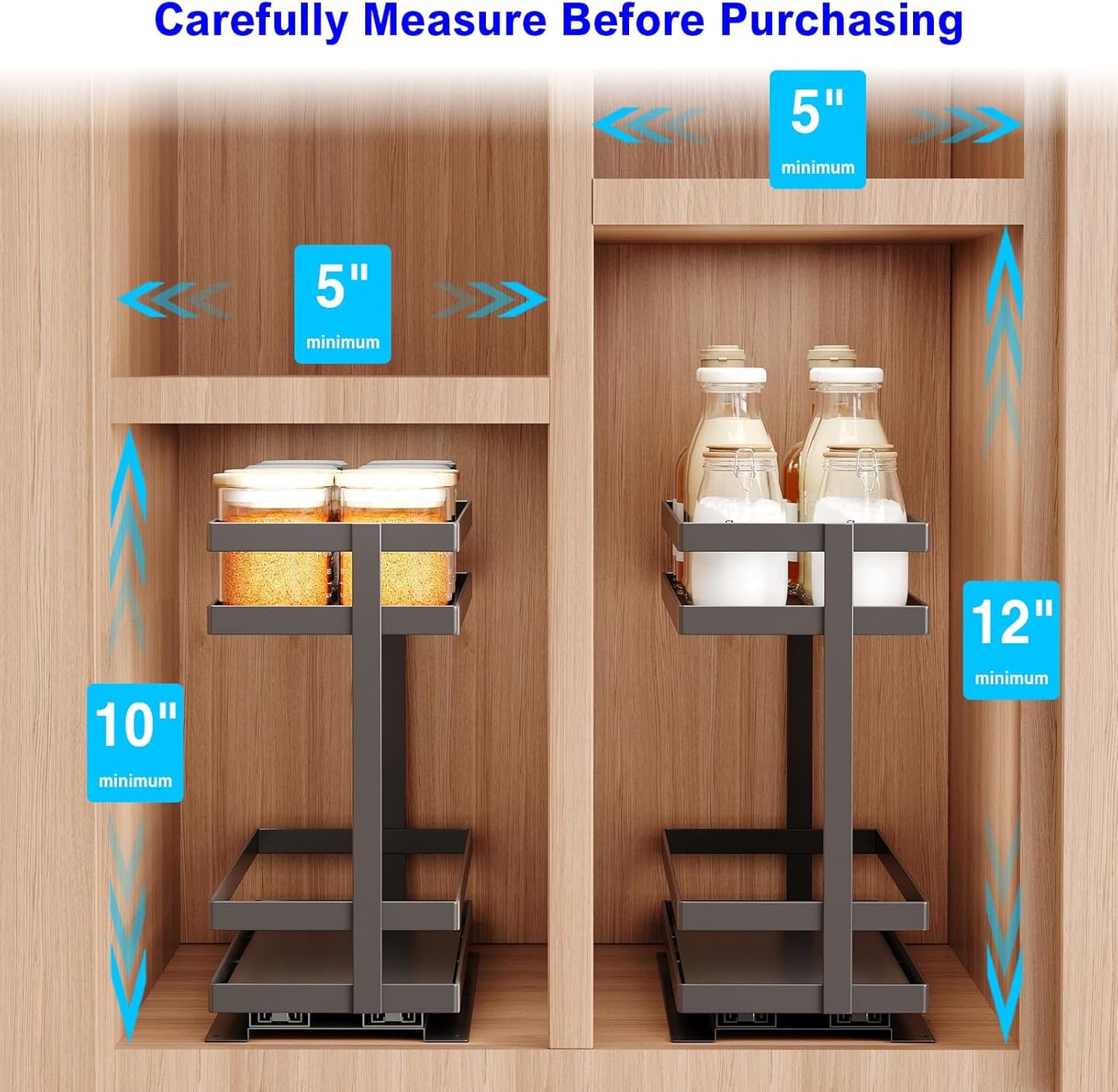 2 Pack Pull Out Spice Rack Organizer for Cabinet, 2 Tier Metal Slide Out Seasoning Organizer and Storage Heavy Duty Vertical Spice Rack Shelf Pullout for Kitchen Cabinets No Drilling (Black)