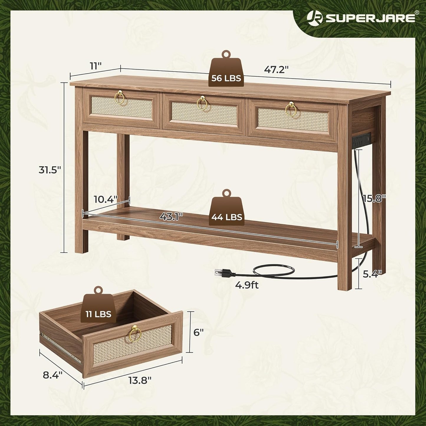 Rattan Console Sofa Table with Integrated Outlets and USB-C Port, 3-Drawer Entryway Table with Synthetic Rattan Surface and Open Shelf for Foyer and Hallway Storage, Brown