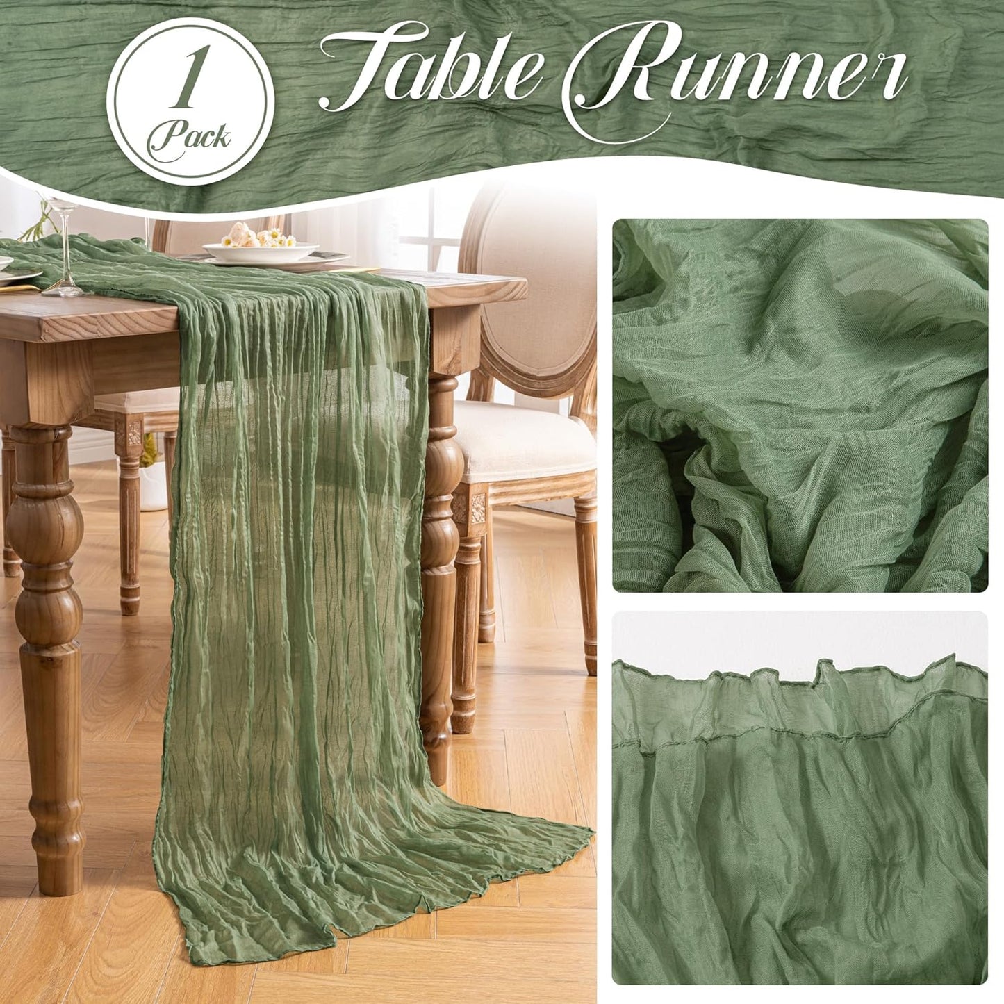 1 Pack Sage Green Cheesecloth Table Runner, 35X120 Inch Boho Rustic Cheese Cloth, Decorative Table Runners for Bridal Baby Shower Decorations or Wedding Table Decorations