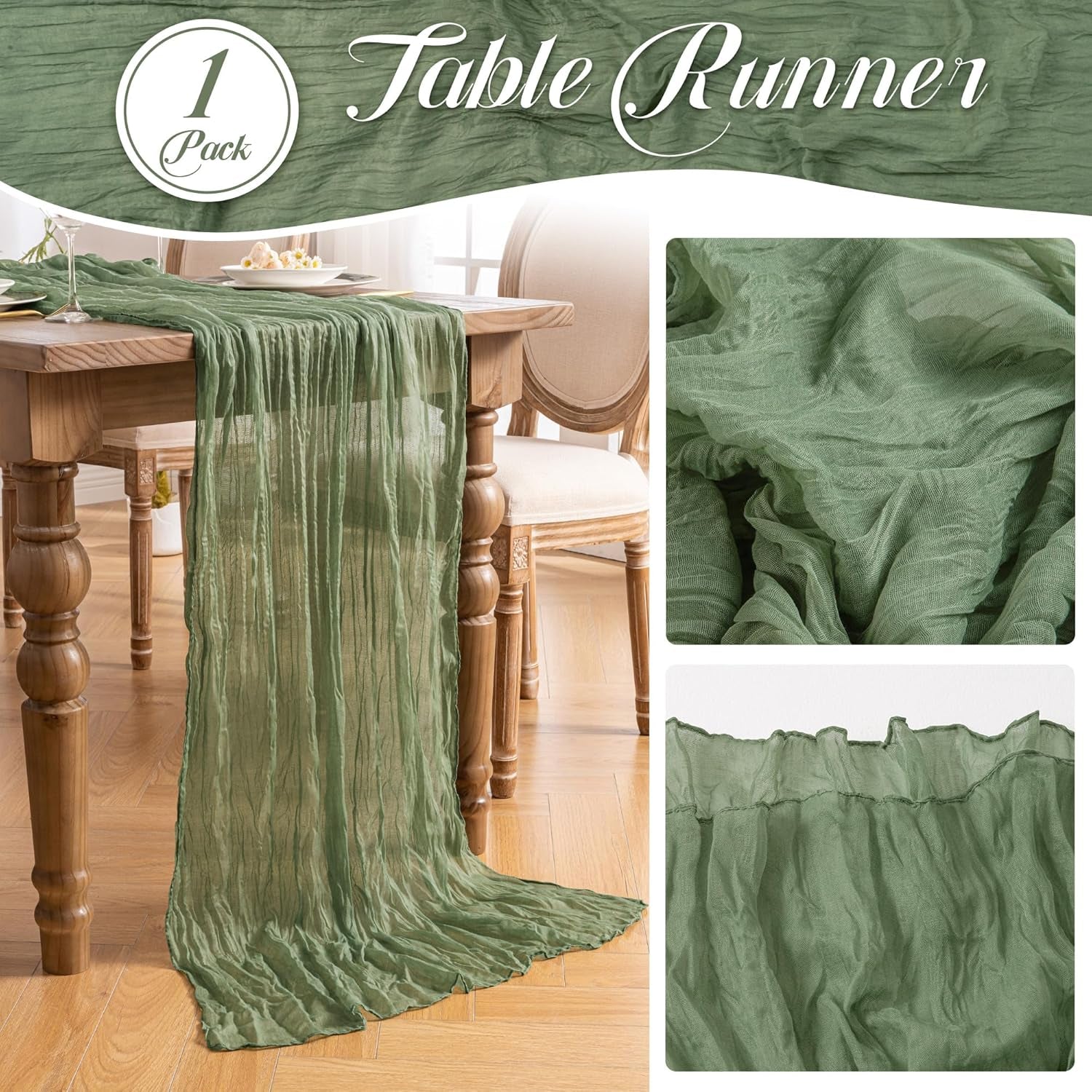 1 Pack Sage Green Cheesecloth Table Runner, 35X120 Inch Boho Rustic Cheese Cloth, Decorative Table Runners for Bridal Baby Shower Decorations or Wedding Table Decorations
