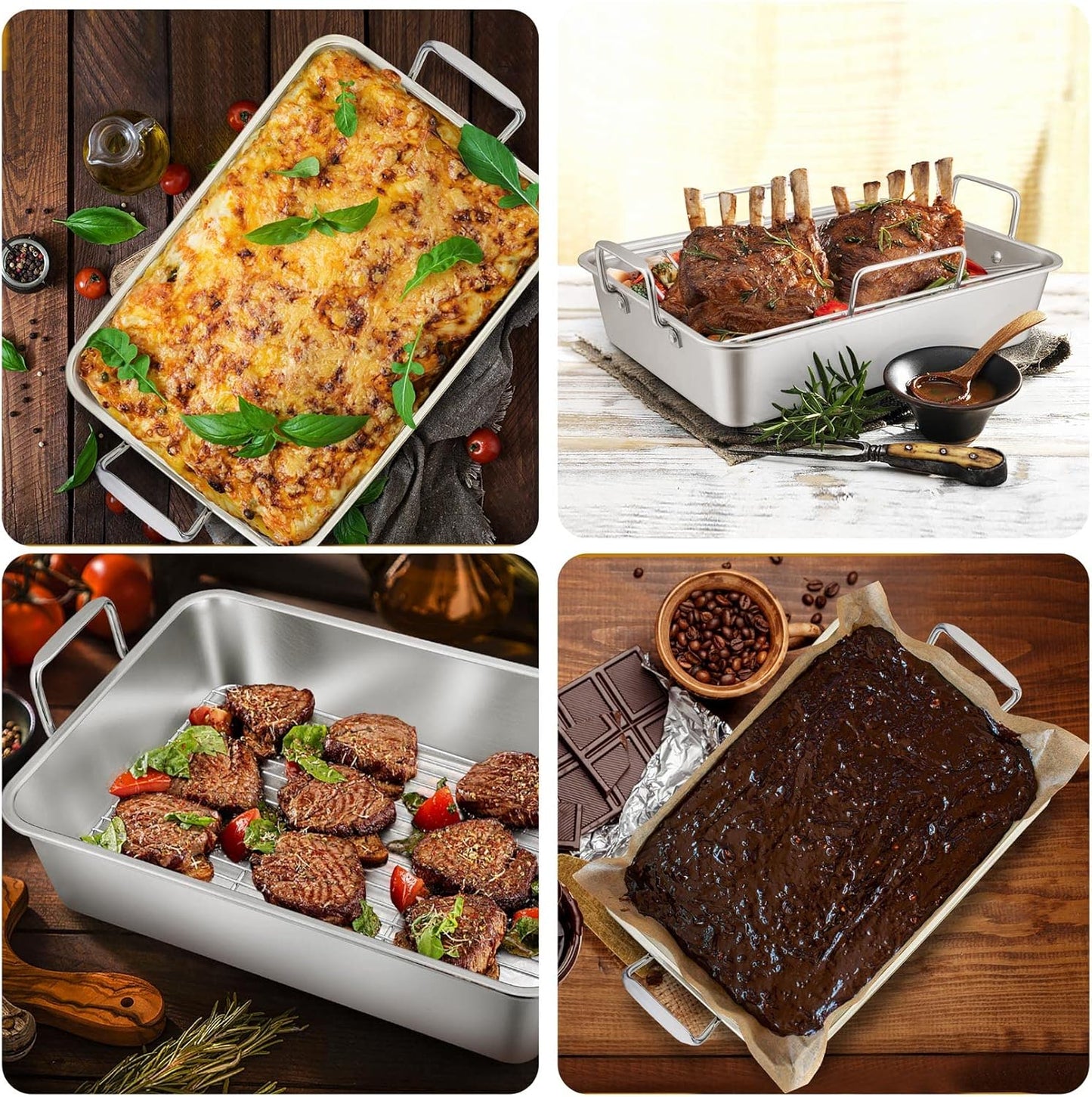 16" Roasting Pan with Rack, 7 PCS  Stainless Steel Roaster Lasagna Pan with Cooling Flat & V-Shaped Baking Rack, Grilling Chicken Holder, Meat Shredding Claws, Dishwasher & Oven Safe