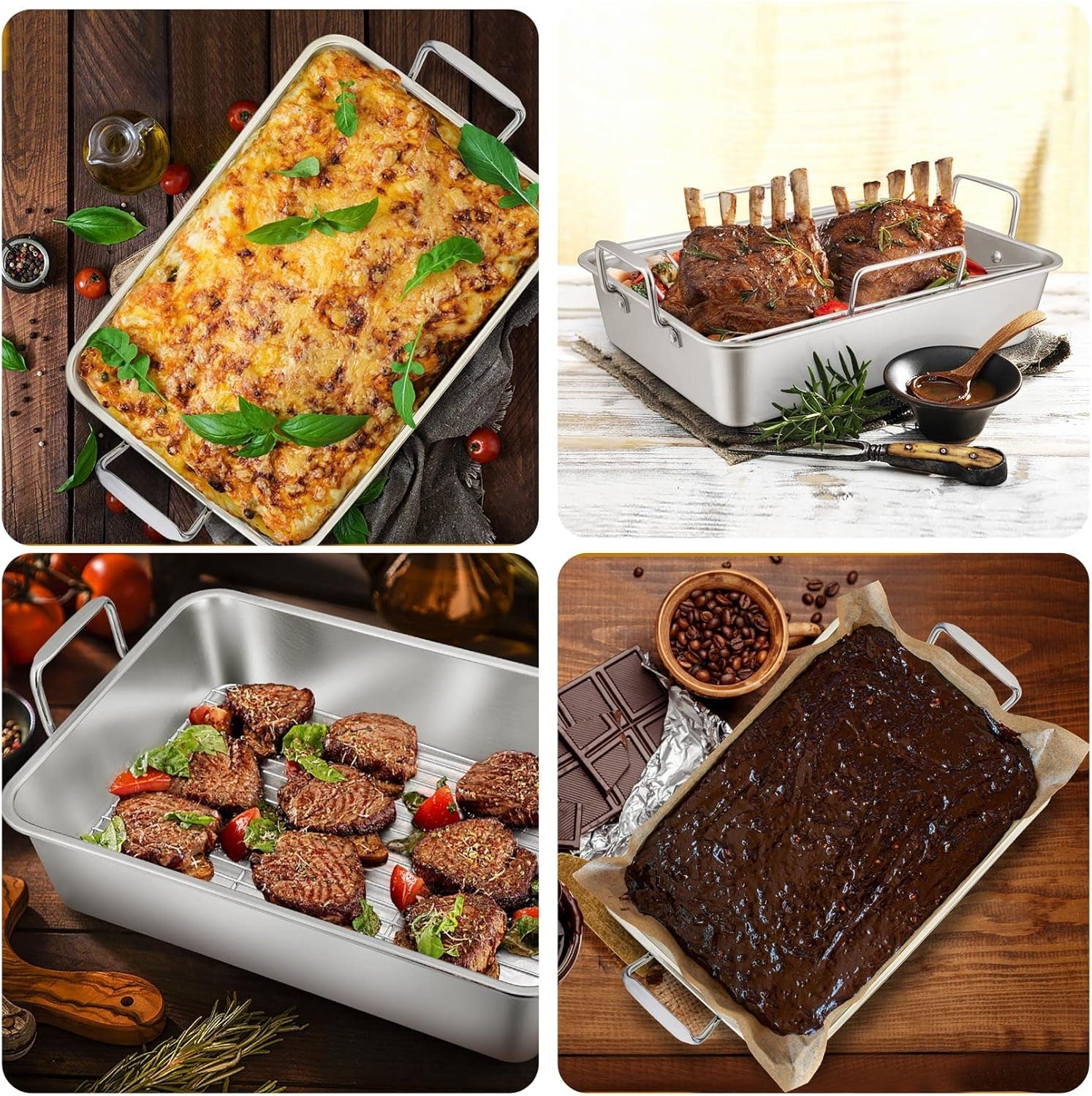 16" Roasting Pan with Rack, 7 PCS  Stainless Steel Roaster Lasagna Pan with Cooling Flat & V-Shaped Baking Rack, Grilling Chicken Holder, Meat Shredding Claws, Dishwasher & Oven Safe